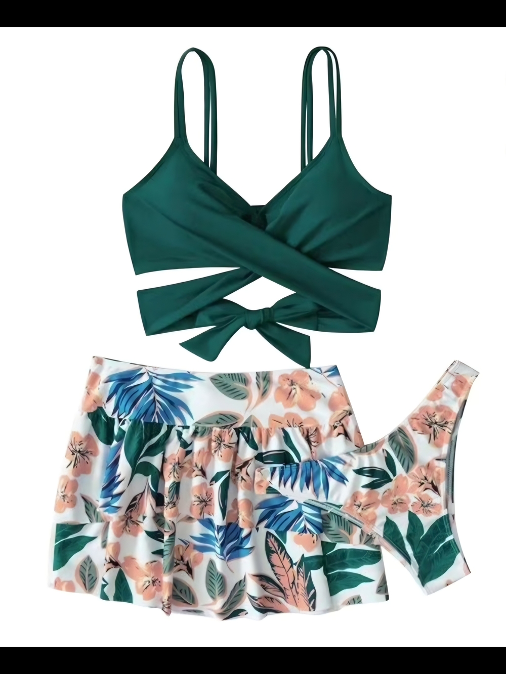 Green Wrap Bikini Top with Tropical Floral Skirted Bottom